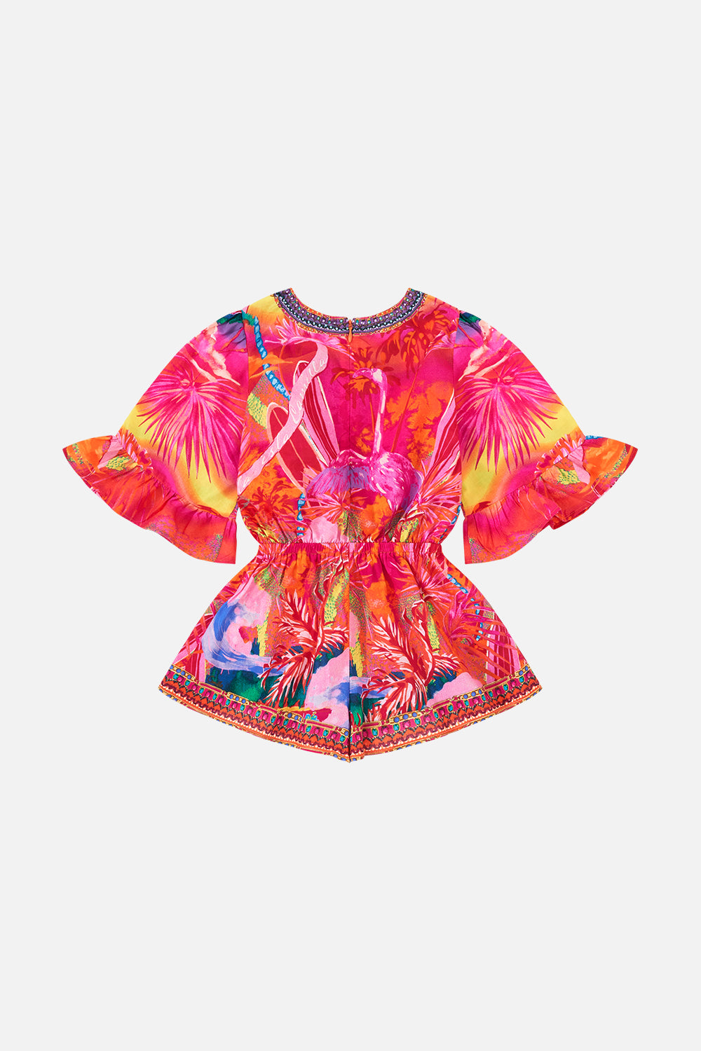 KIDS PLAYSUIT WITH FRILL SLEEVE 4-10 FLIGHT OF THE FLAMINGO