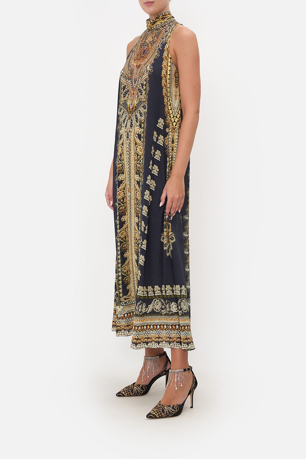 HIGH NECK DRESS WITH BACK NECK TIE ITS ALL OVER TORERO