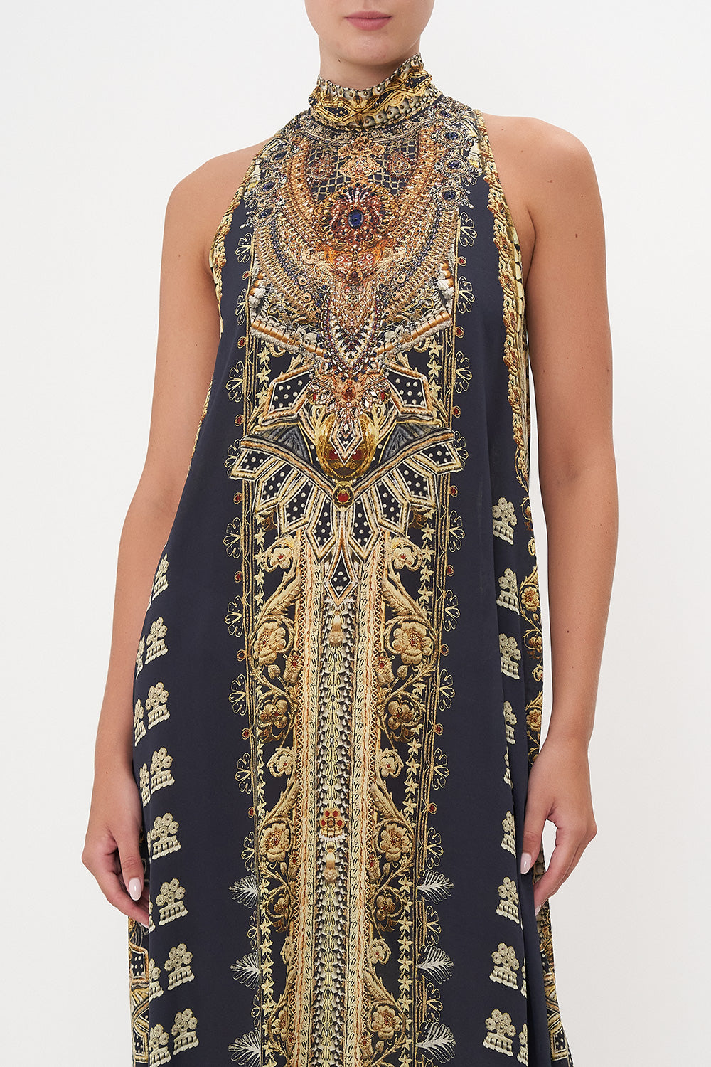 HIGH NECK DRESS WITH BACK NECK TIE ITS ALL OVER TORERO