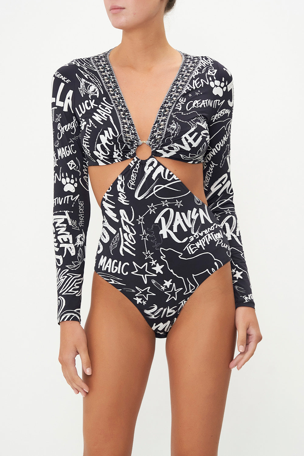 CUT OUT BODYSUIT WITH TRIM SPIRIT SCRIBBLE