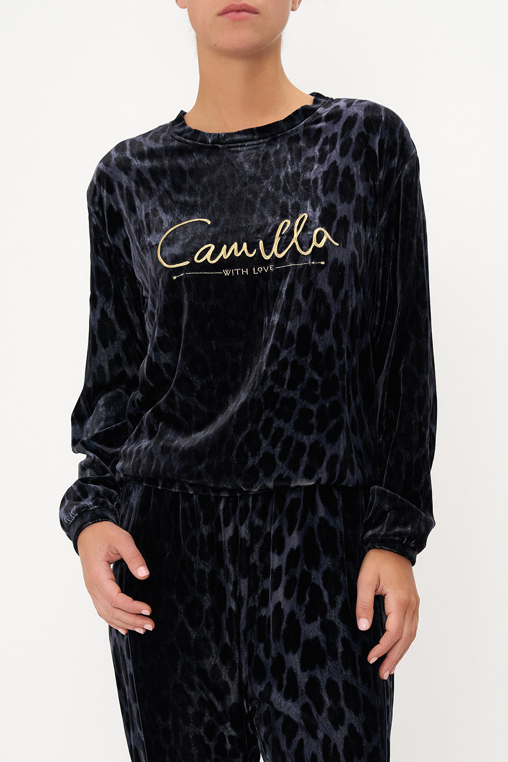 VELOUR SHORT RELAXED SWEATER SHES A CRAZY CAT