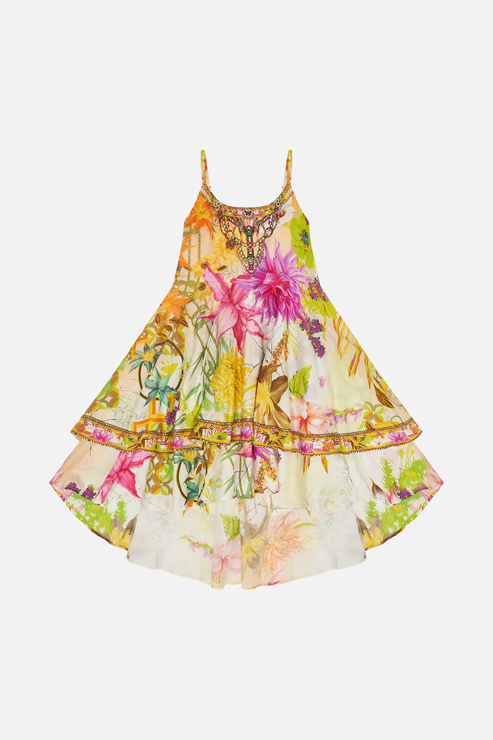 Kids Round Neck Tiered Dress  12-14 How Does Your Garden Grow print by CAMILLA