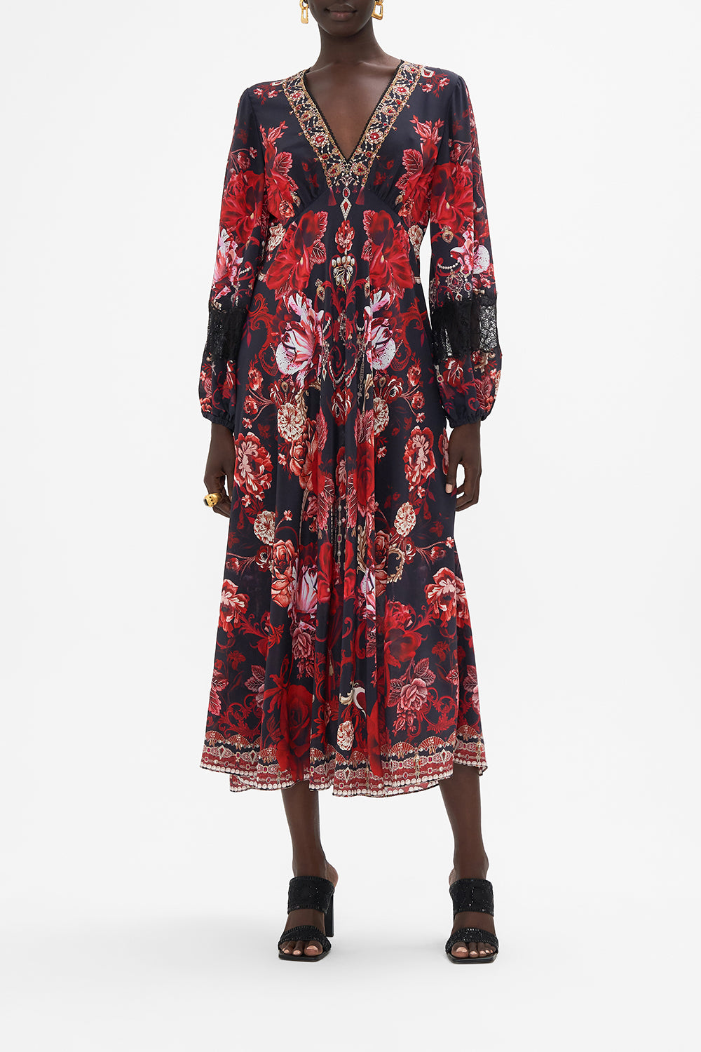 Blouson Sleeve V Neck Dress With Lace Sisterhood Of The Rose print by CAMILLA