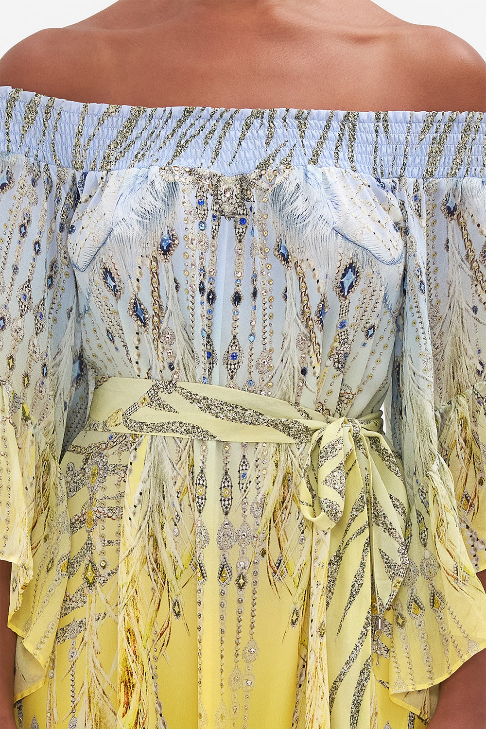 HIGH LOW HEM OFF SHOULDER DRESS MOON AND BACK