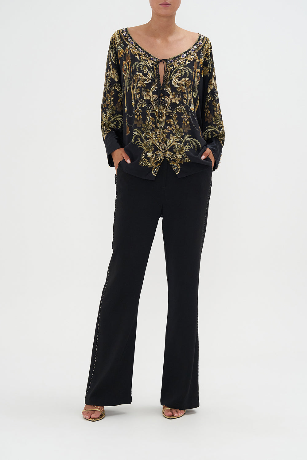 Raglan Sleeve Button Up Top The Night Is Noir print by CAMILLA