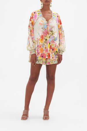 Blouson Blouse With Neck Tie Sunlight Symphony print by CAMILLA