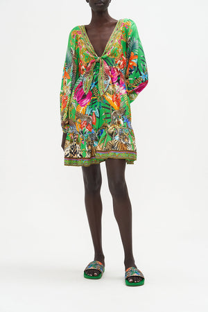 Short Tie Front Blouson Dress Curious And Curiouser print by CAMILLA