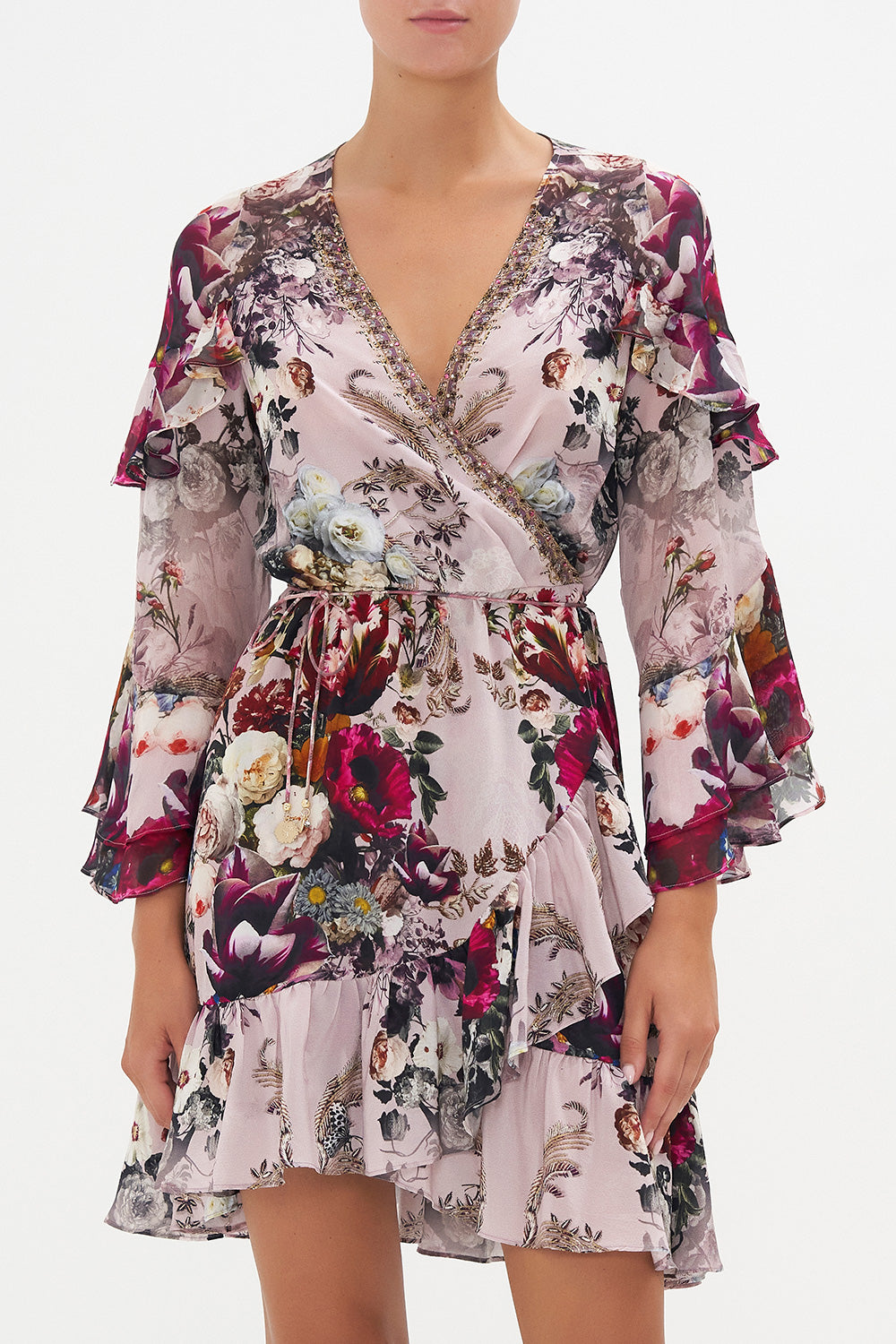 SHORT WRAP DRESS WITH RUFFLES GYPSY ROSE