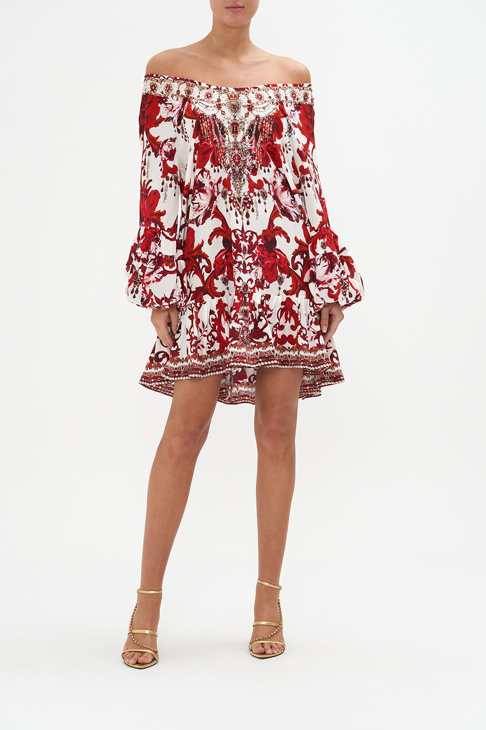 Blouson Sleeve A Line Frill Dress Crown Of Thorns print by CAMILLA