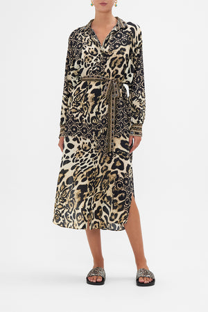 Collared Button Through Dress With Jersey Cuff Wildcat Soiree print by CAMILLA