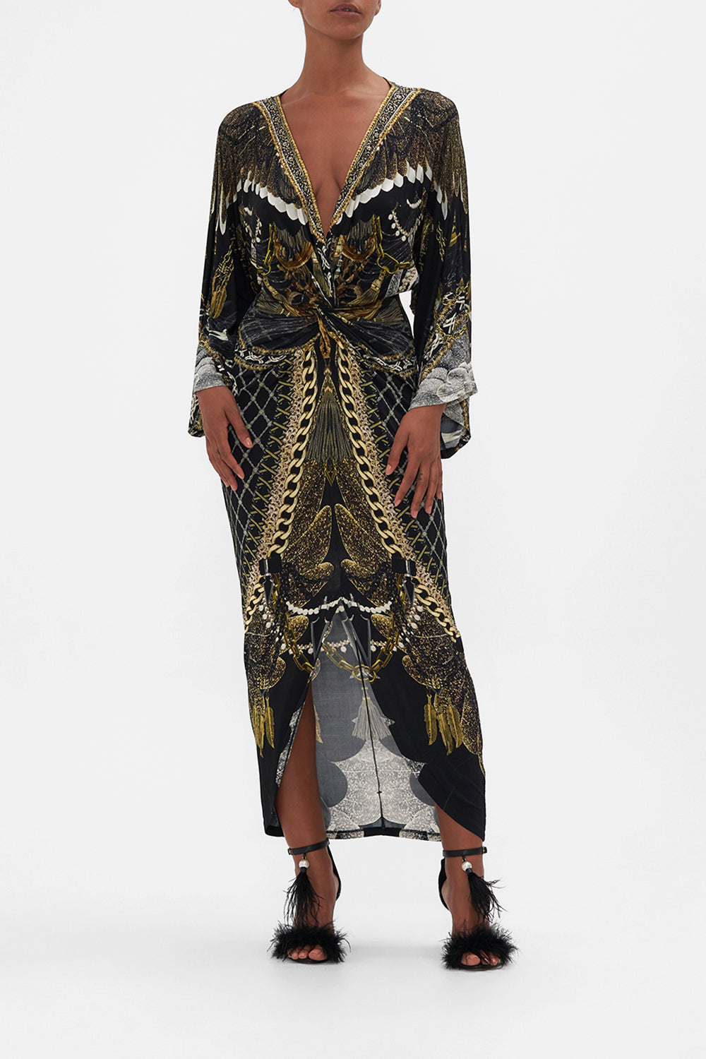 LONG SPLIT FRONT TWIST DRESS RAVIN RAVEN