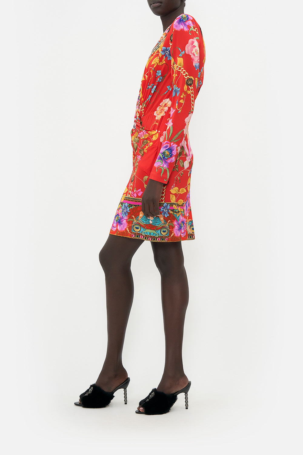 V-NECK CROSS FRONT DRESS RUFFLE SOME FEATHERS