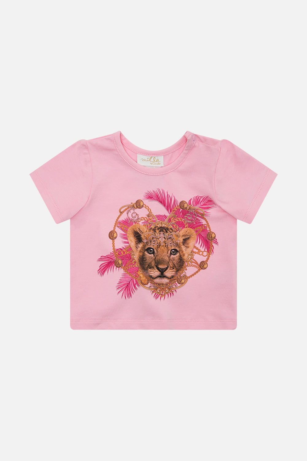 Product view of MILLA By CAMILLA babies pink tee in TipToe The Tightrope print