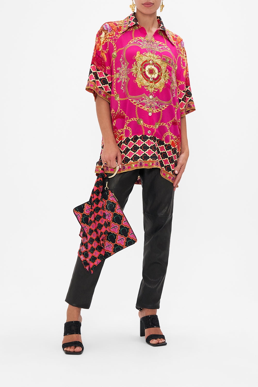 Front view of model wearing CAMILLA silk oversized shirt in Wild And Running print