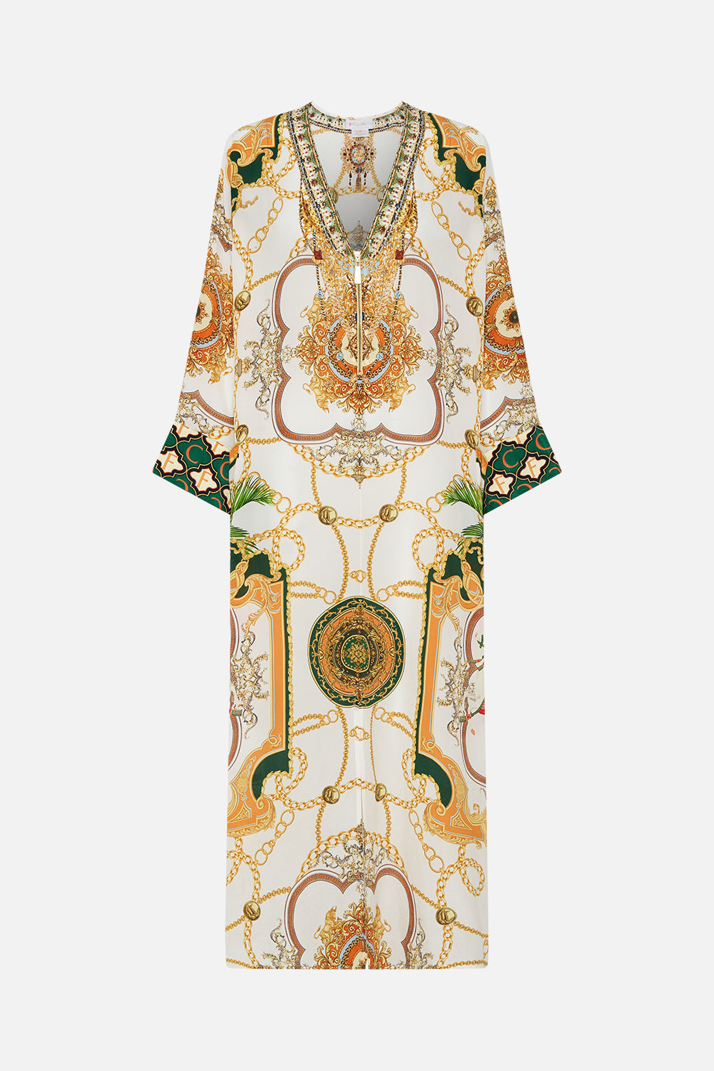 Product view of CAMILLA white silk kaftan My Sweet Devotion print
