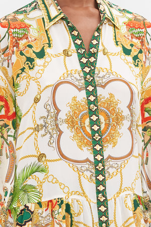 Detail view of model wearing CAMILLA shirt dress in My Sweet Devotion print