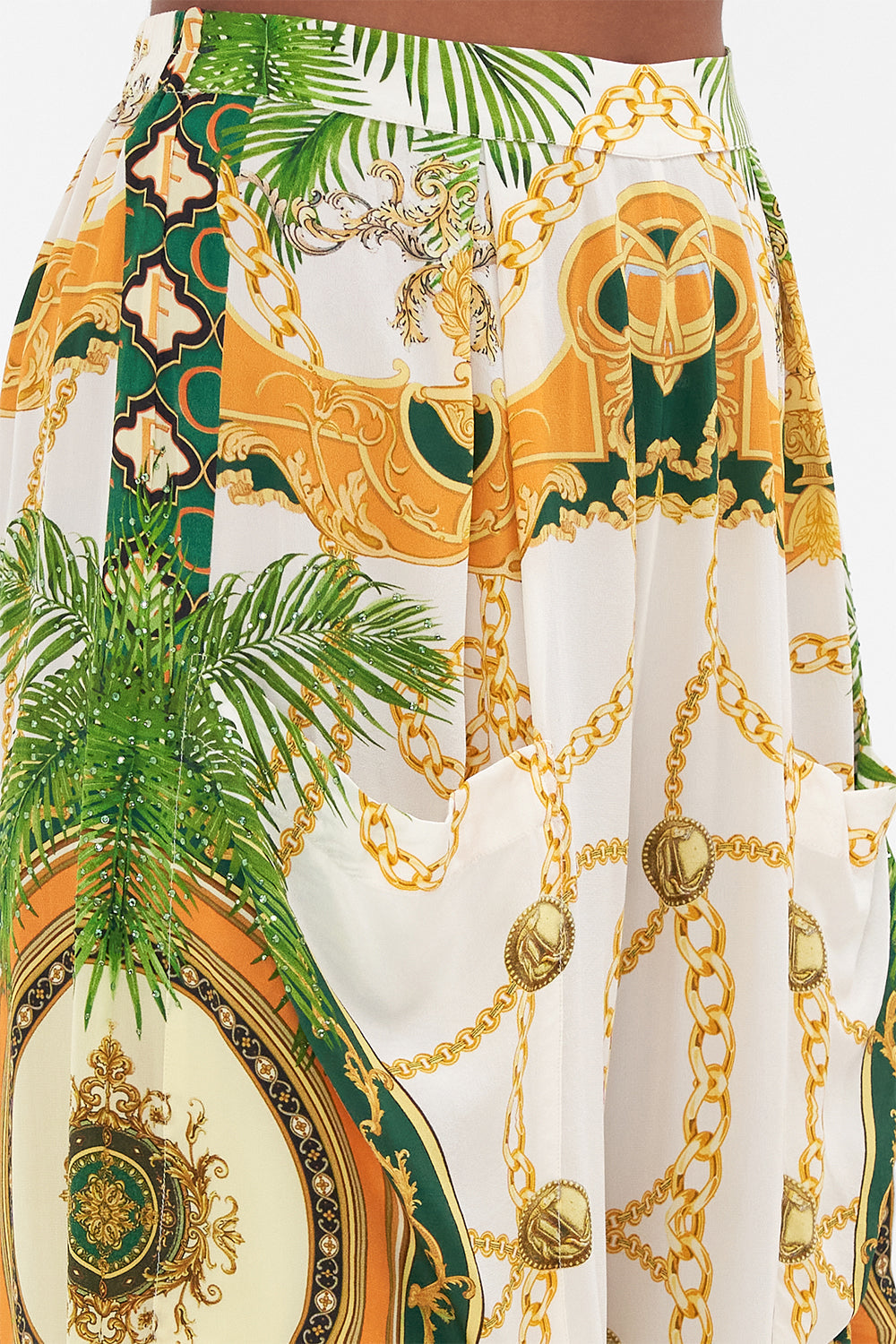 Detail view of model wearing CAMILLA silk pants in My Sweet Devotion print 