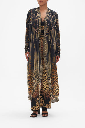 Front view of model wearing CAMILLA long knit layer in Jungle Dreaming print