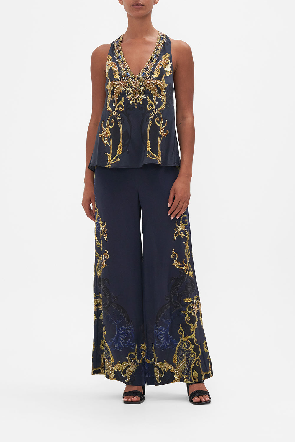 Front view of model wearing CAMILLA silk top in Moonlight Melodiesprint 