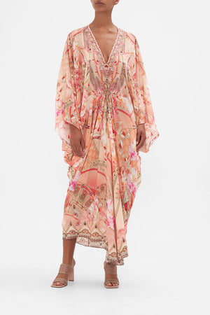 Front view of model wearing CAMILLA silk kaftan in Adore Me print