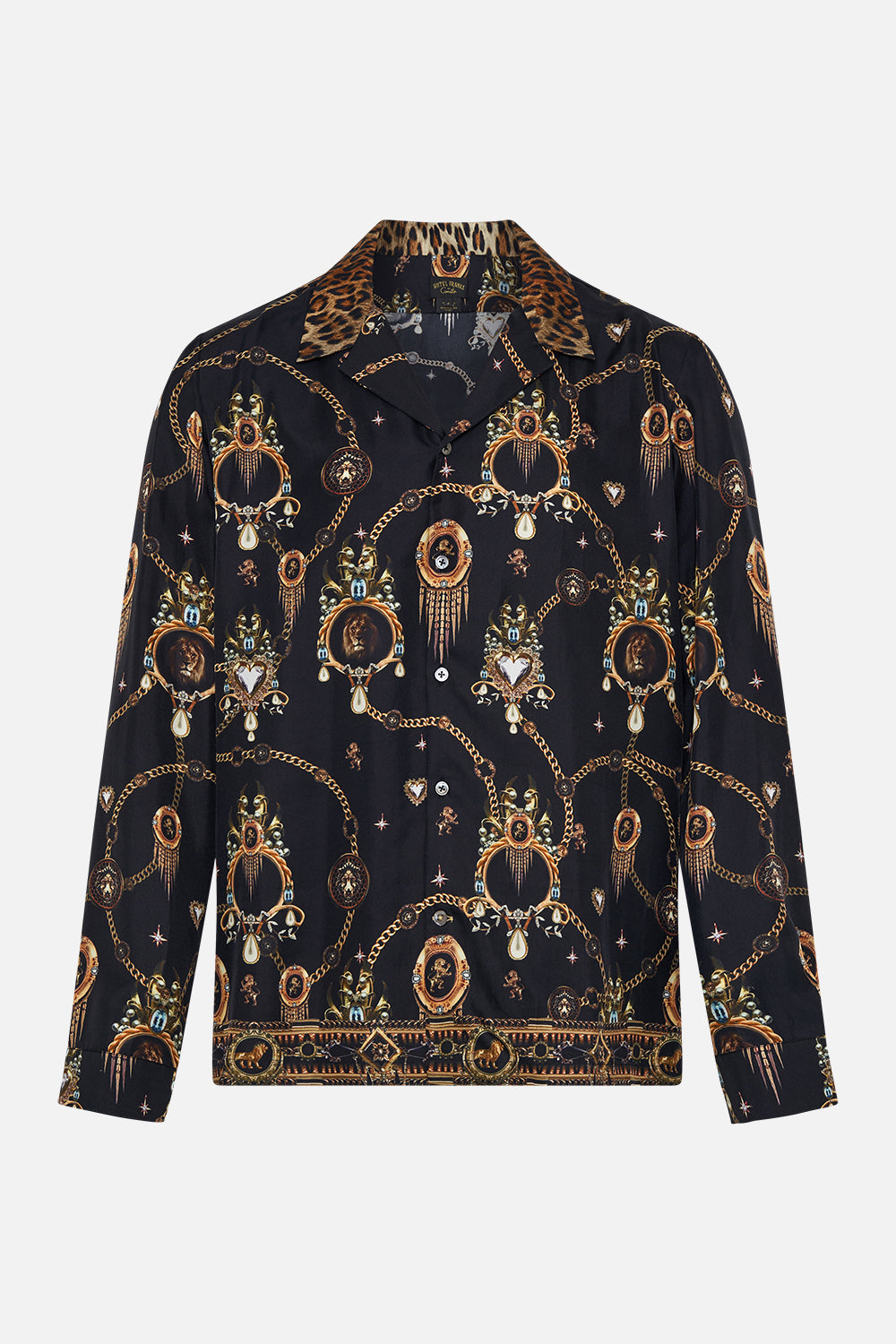 Product view of Hotel Franks by CAMILLA mens  black long sleeve silk shirt in Jungle Dreaming print