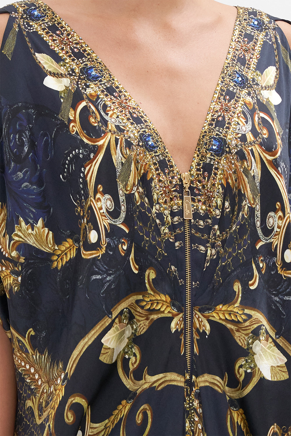 Detail view of model wearing CAMILLA silk maxi dress in Moonlight Melodies print
