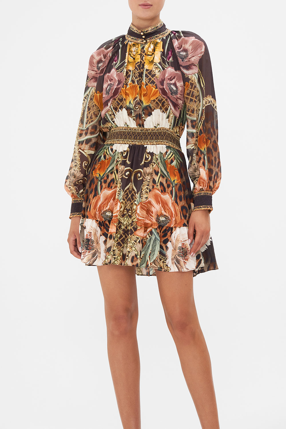 Crop view of model wearing CAMILLA brown floral silk mini dress in Wave Your Wand