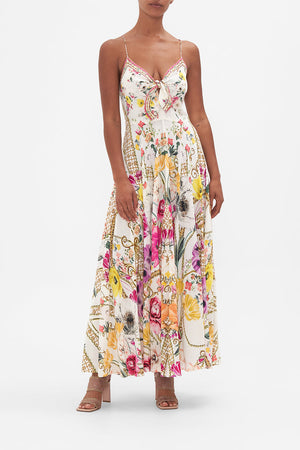 Front view of model wearing CAMILLA floral tie front maxi dress in Destiny Calling print