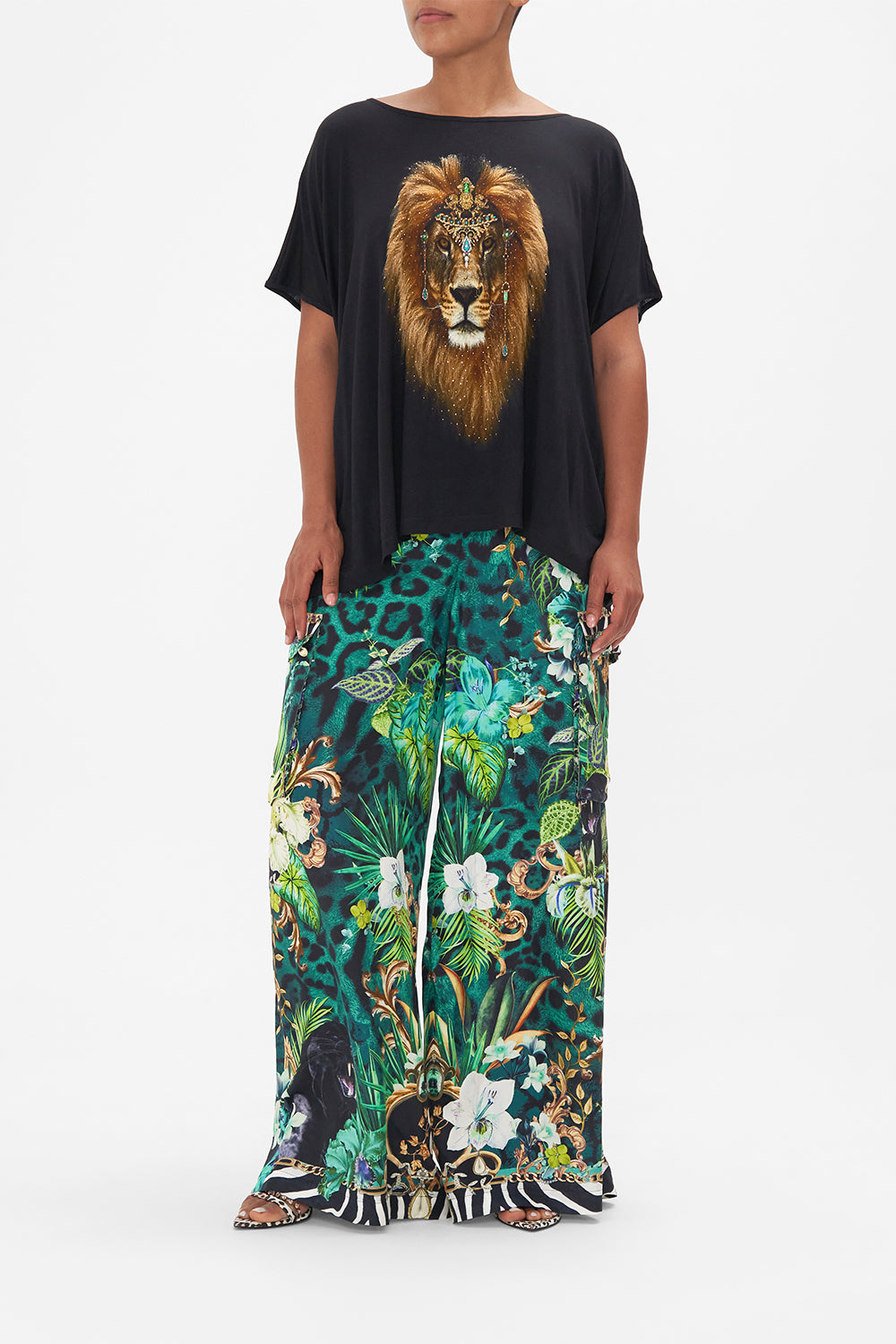 Front view of CAMILLA black printed t shirt in Sing My Song print