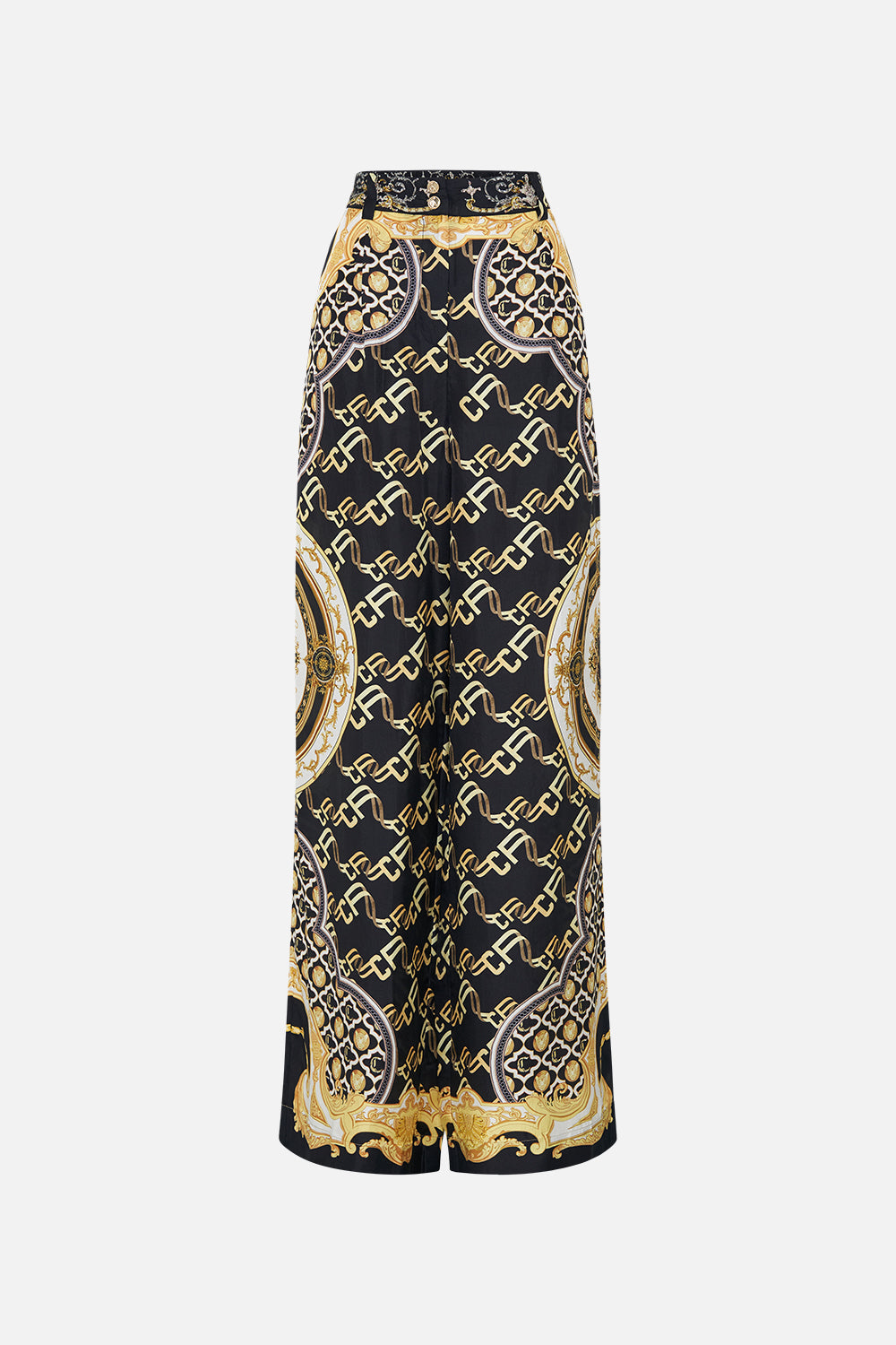 Product view of CAMILLA black silk pants in Tether Me Not print