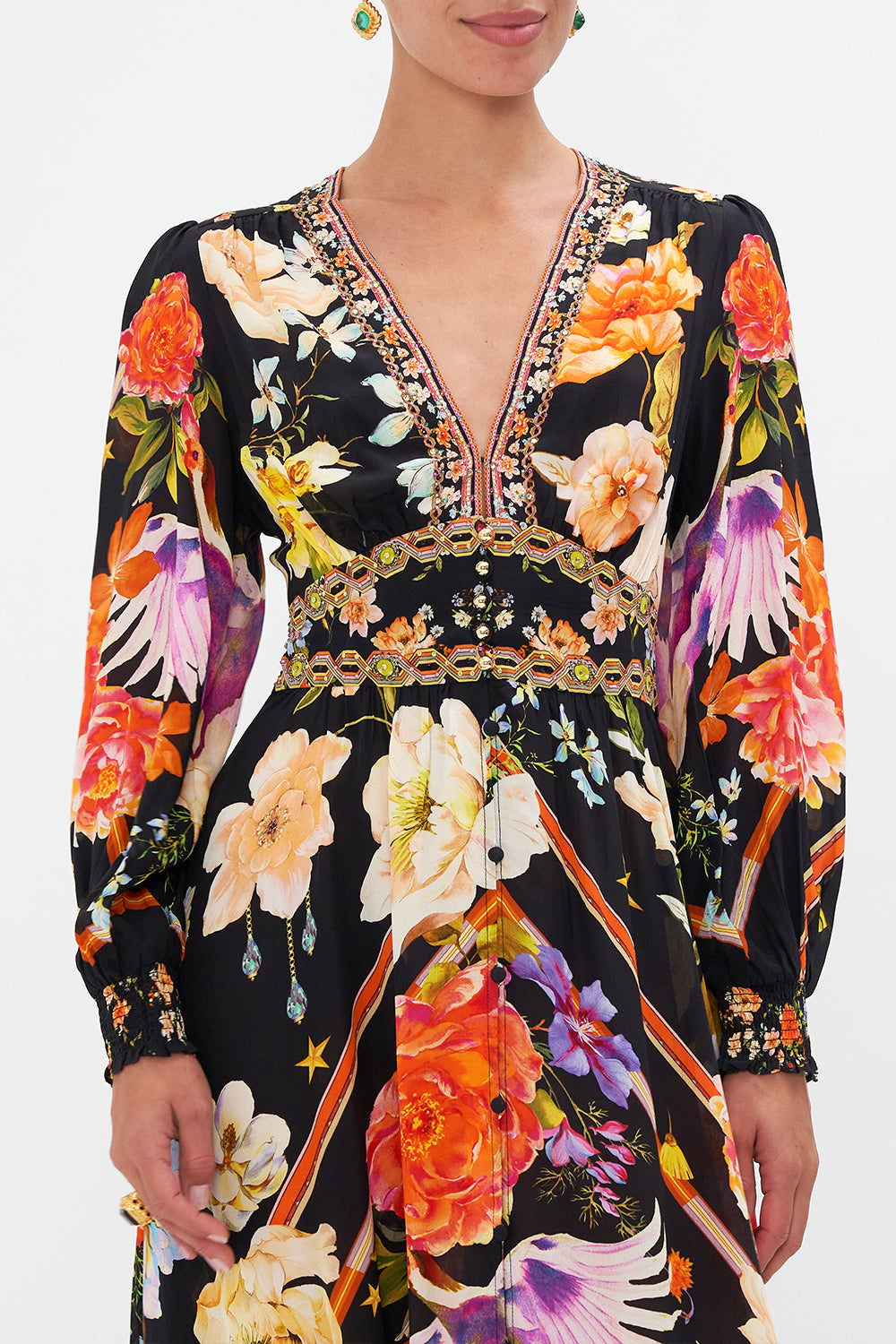 Detail view of model wearing CAMILLA silk maxi dress in Secret History floral print