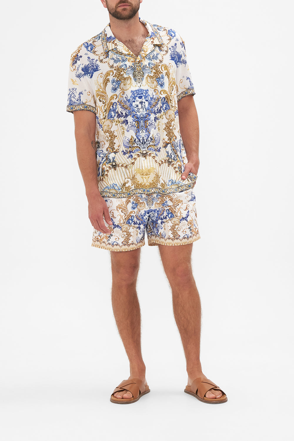 Front view of model wearing Hotel Franks by CAMILLA mens short sleeve camp collared shirt in white Soul Searching print