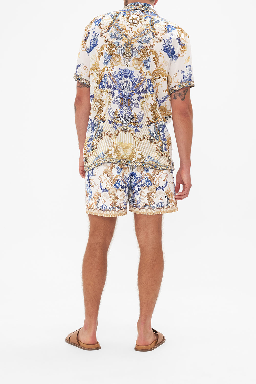 Side view of model wearing Hotel Franks by CAMILLA mens short sleeve camp collared shirt in white Soul Searching print