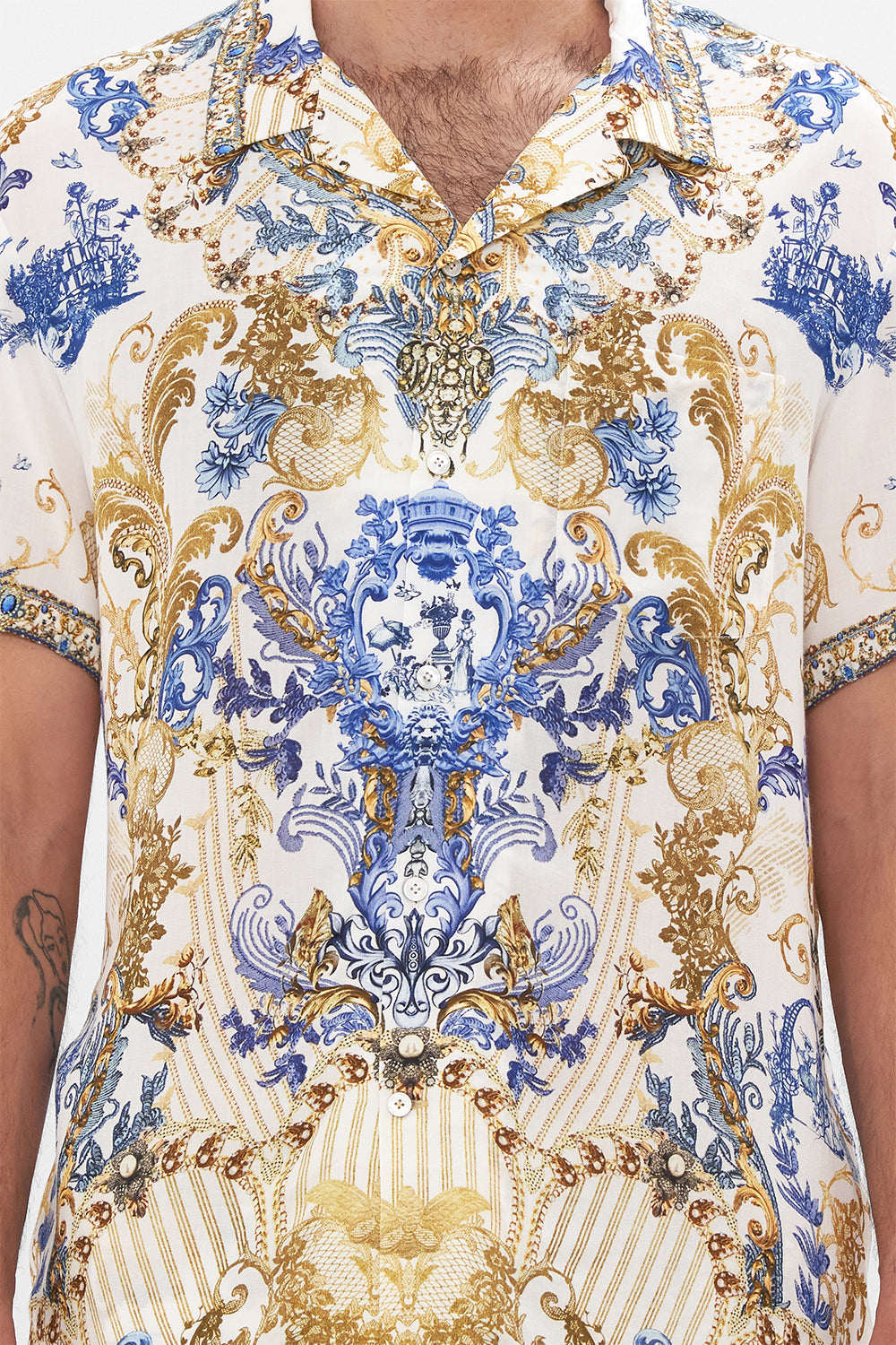 Detail view of model wearing Hotel Franks by CAMILLA mens short sleeve camp collared shirt in white Soul Searching print