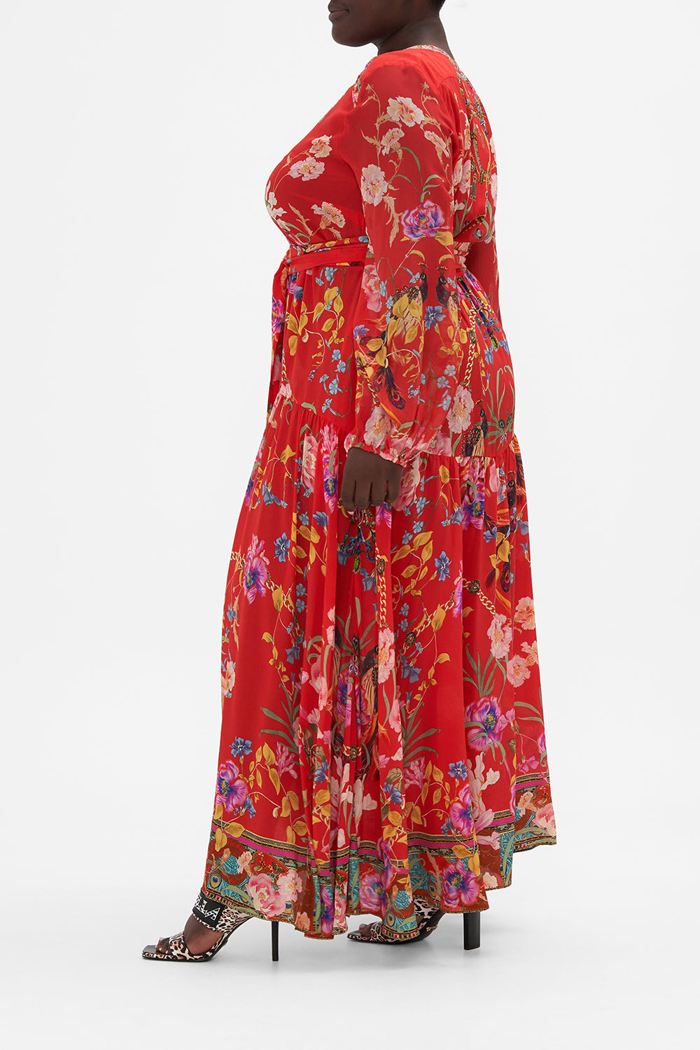 V NECK DRESS WITH BELT RUFFLE SOME FEATHERS