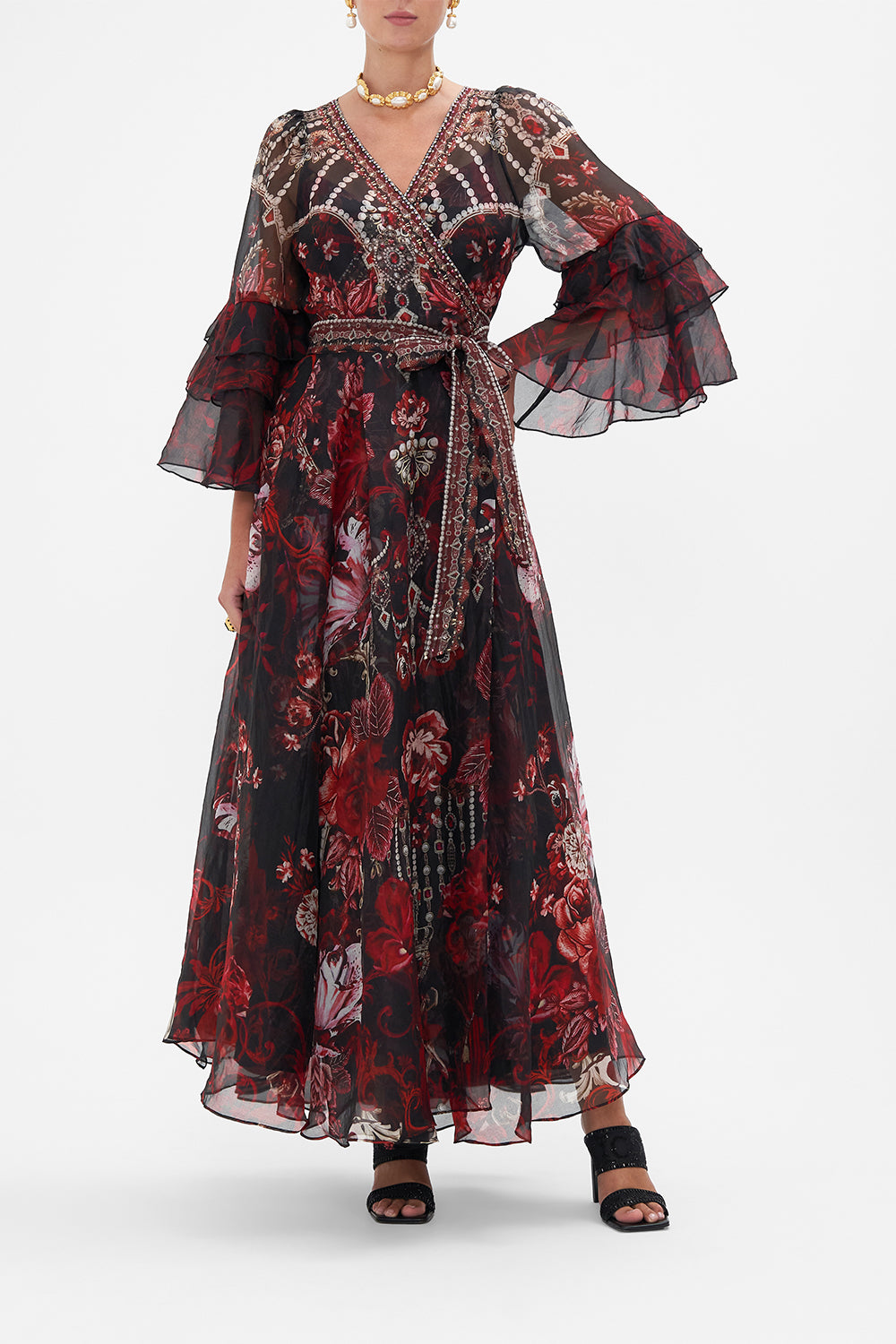 Wrap Dress With Ruffle Sleeve Sisterhood Of The Rose print by CAMILLA