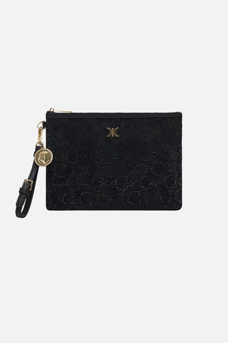 EMBELLISHED ZIP TOP CLUTCH WITH STRAP COMING DOWN FROM COSMOS