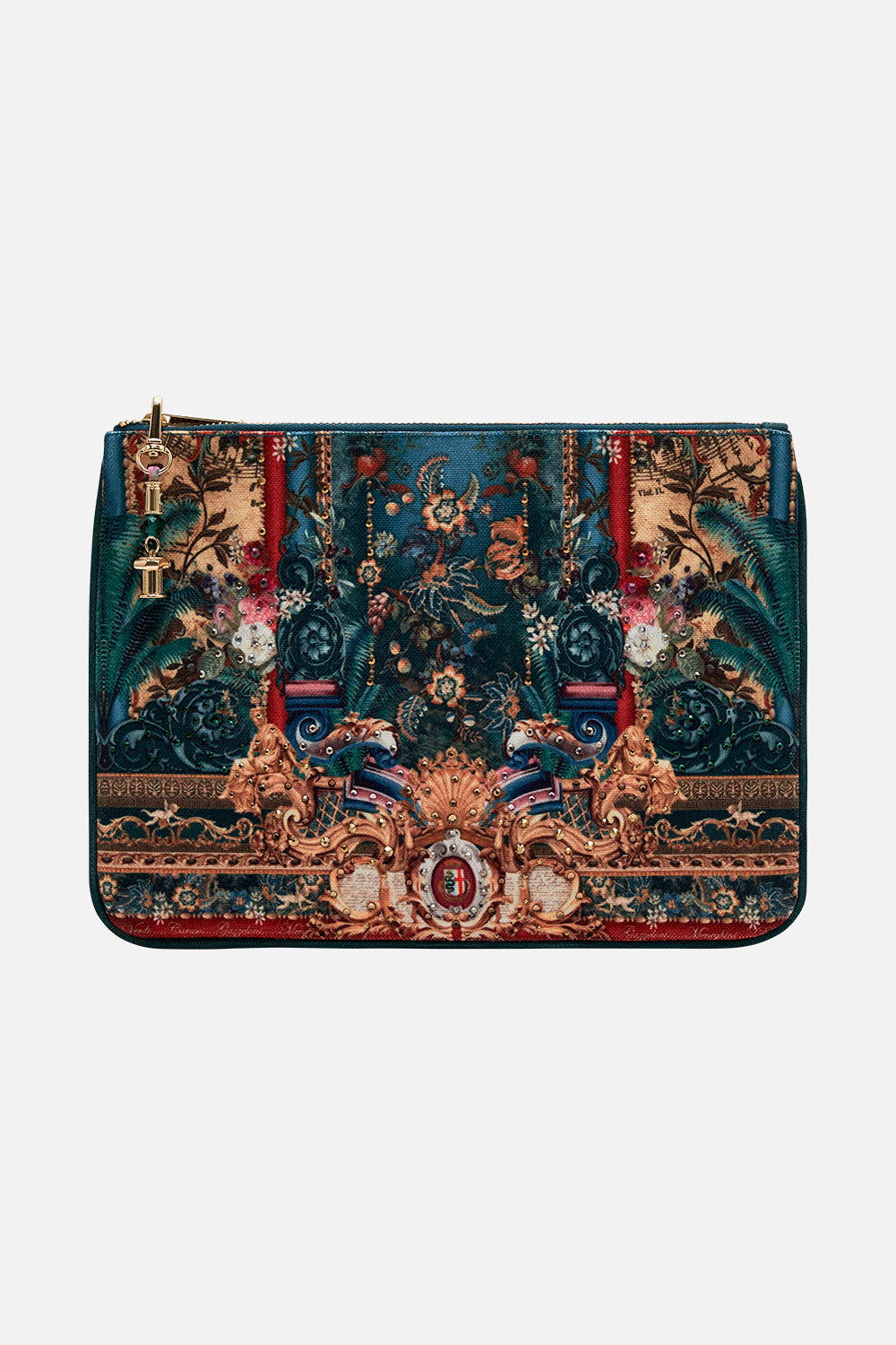 Product view of CAMILLA  green small clutch in Verdis World print
