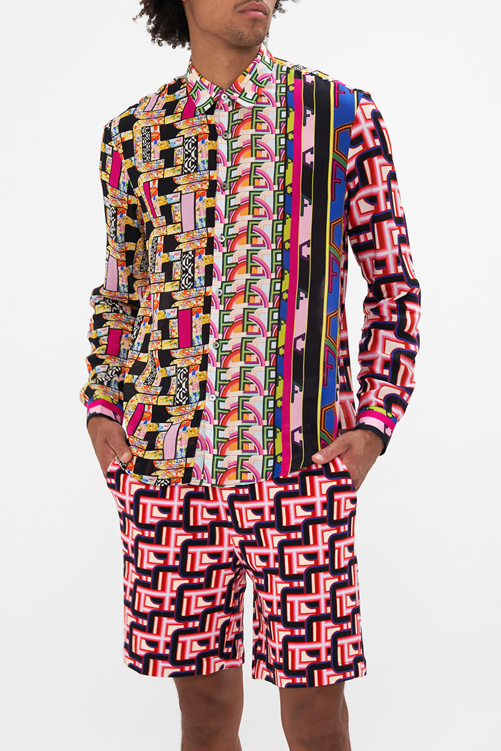 Crop view of model wearing HOTEL FRANKS BY CAMILLA long sleeve shirt in Rome Retro print