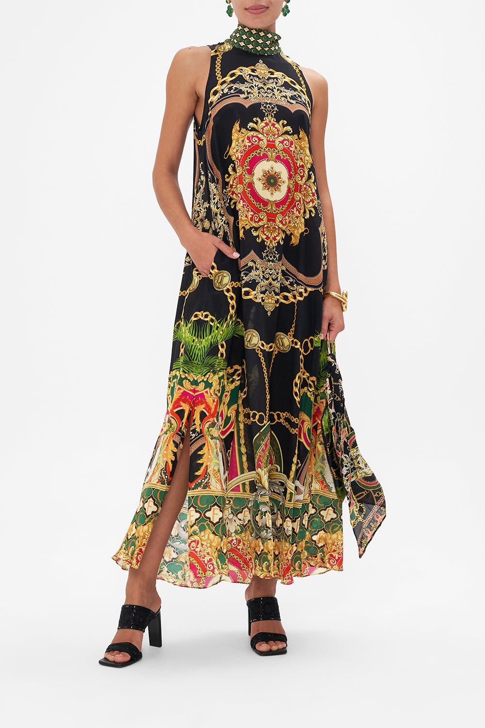 Front view of model wearing CAMILLA silk high neck dress in Jealousy And Jewels print