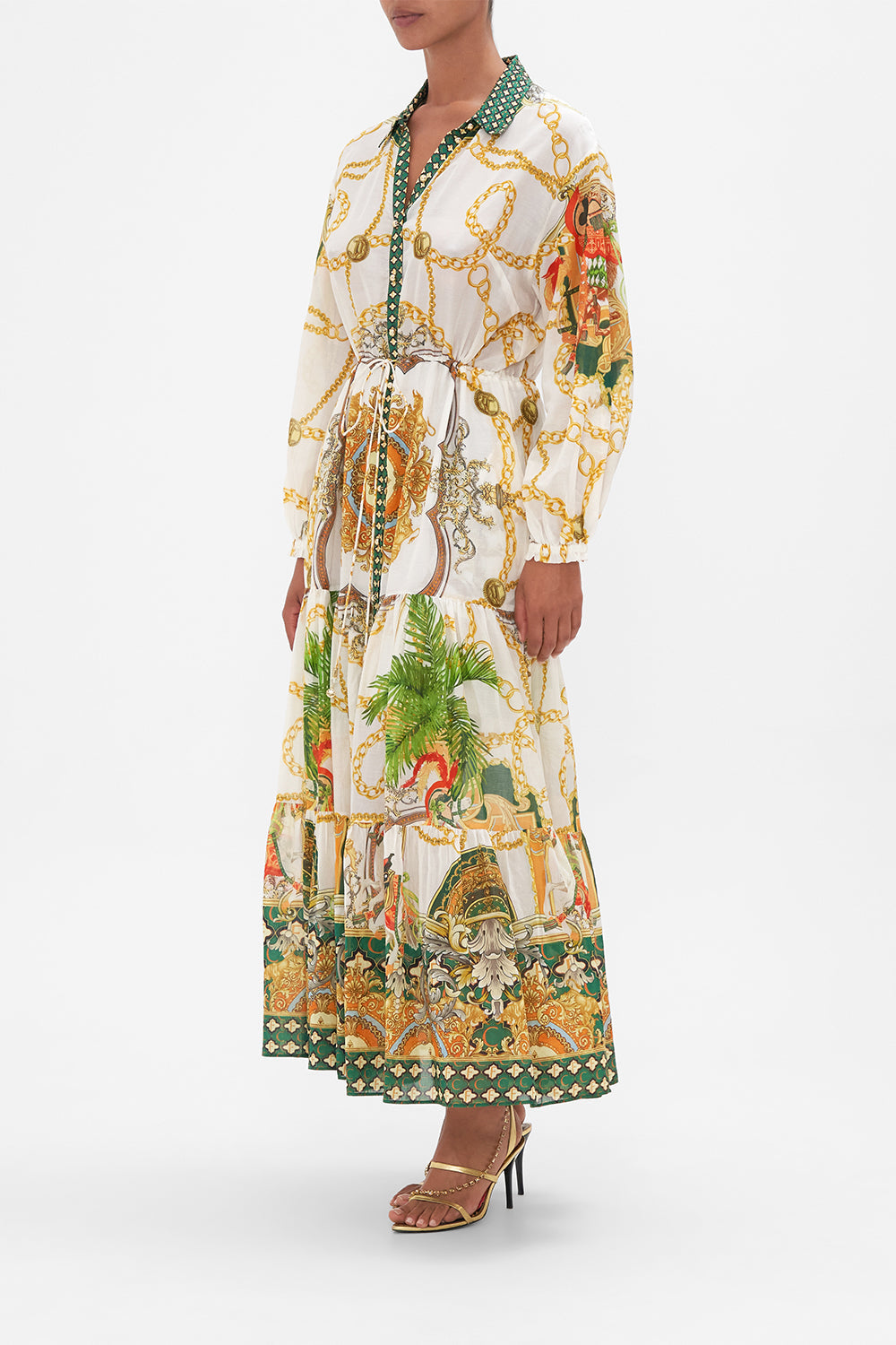 Side view of model wearing CAMILLA silk cotton maxi dress in My Sweet Devotion print