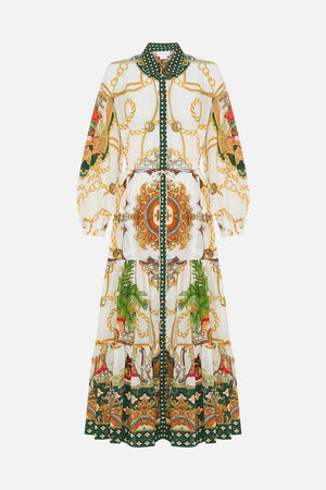 Detail view of model wearing CAMILLA silk cotton maxi dress in My Sweet Devotion print