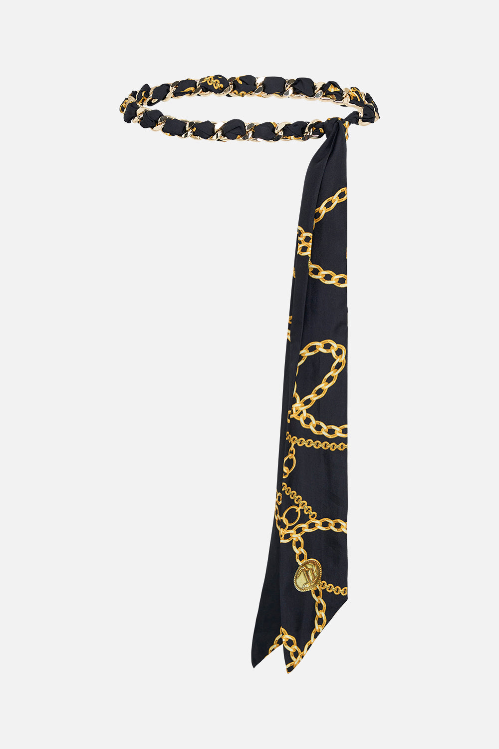 Product view of CAMILLA scarf chain belt in Tether Me Not print 