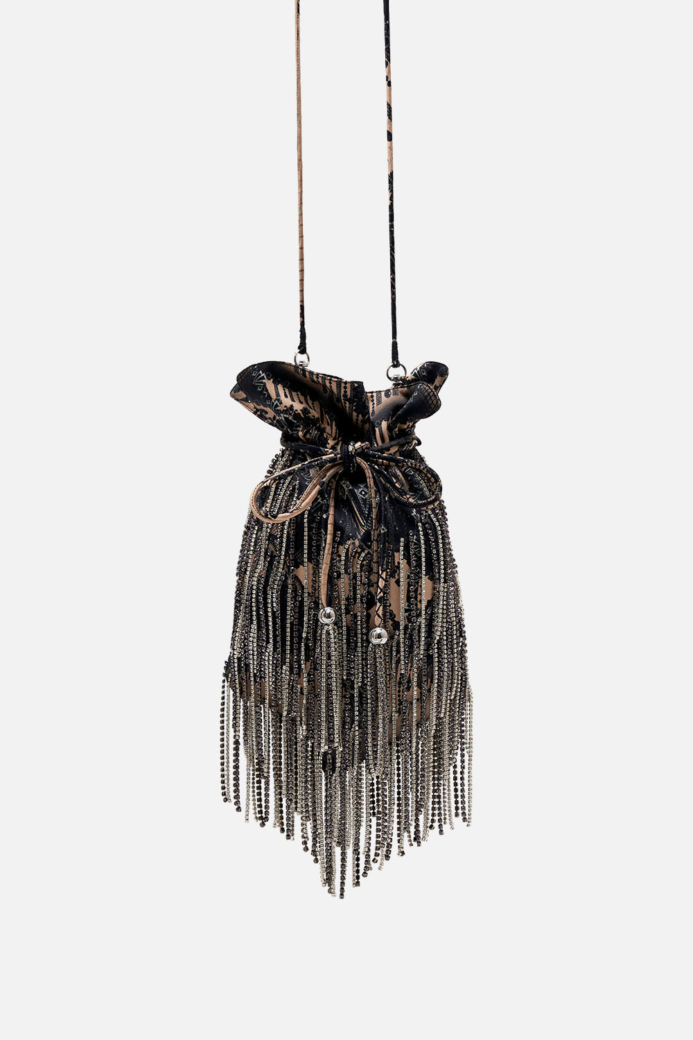 Product view of CAMILLA drawstring pouch bag in Curtain Call Chaos print