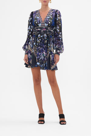 Short Dress With Blouson Sleeve Obsidian Bloom print by CAMILLA