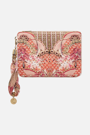 Product view of CAMILLA pink silk clutch bag in Adore Me print