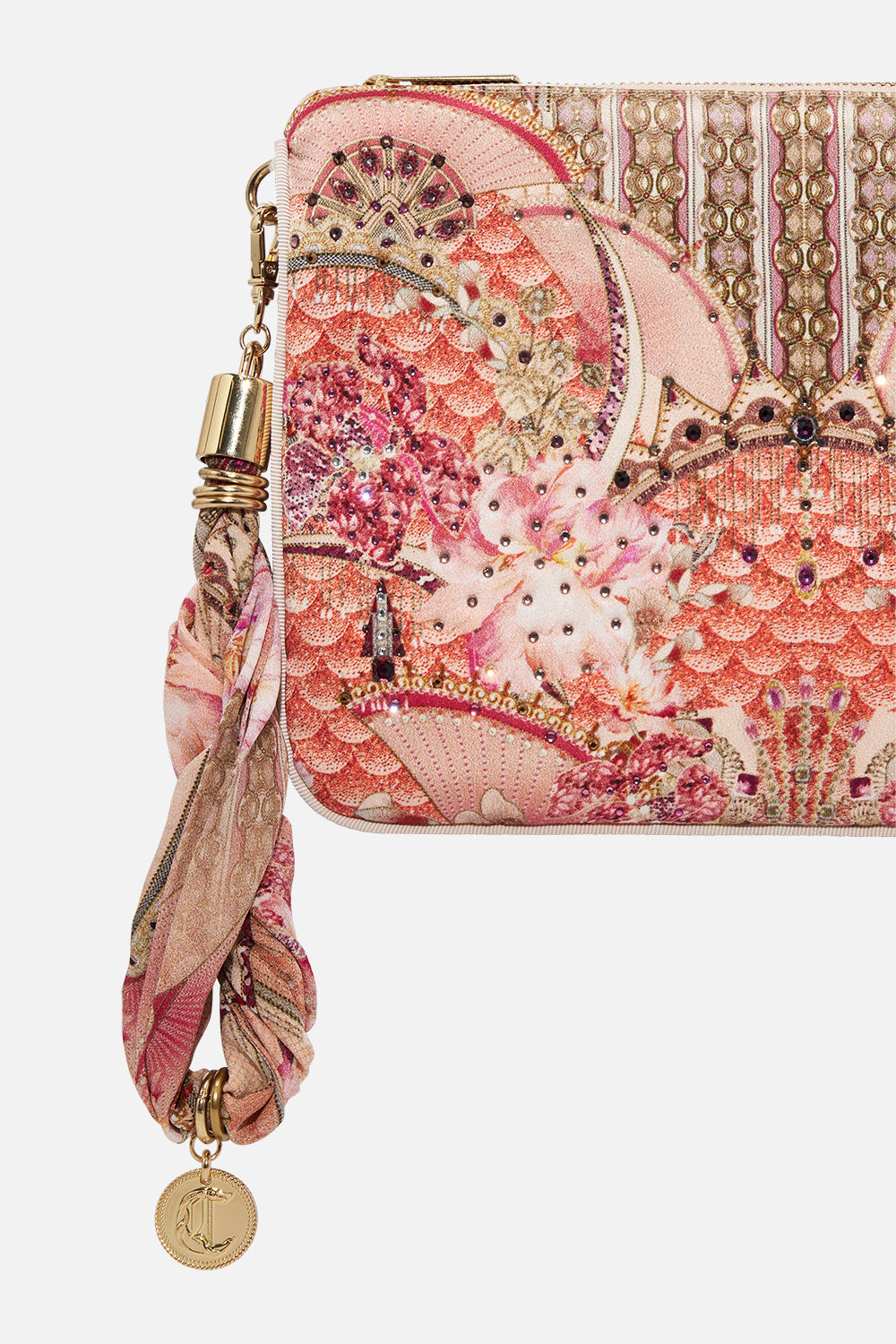 Detail view of CAMILLA pink silk clutch bag in Adore Me print