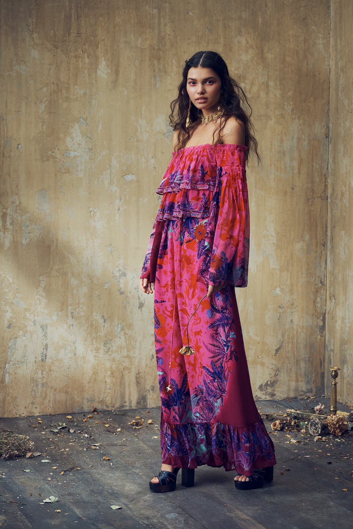 LONG TIERED RUFFLE DRESS TROPIC OF NEON