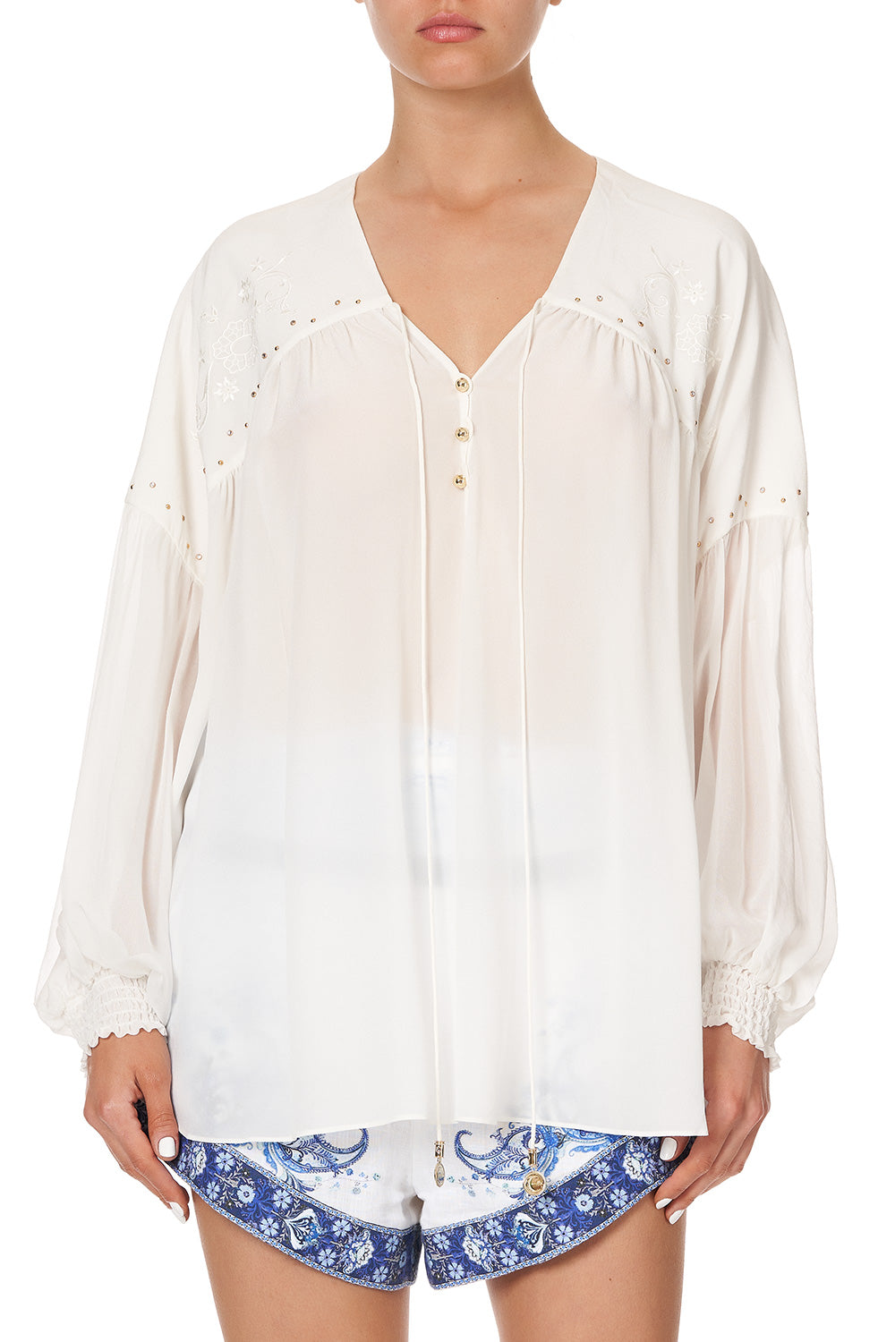 BLOUSON BLOUSE WITH NECK TIE SOLID WHITE