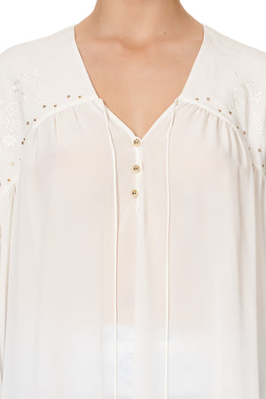 BLOUSON BLOUSE WITH NECK TIE SOLID WHITE